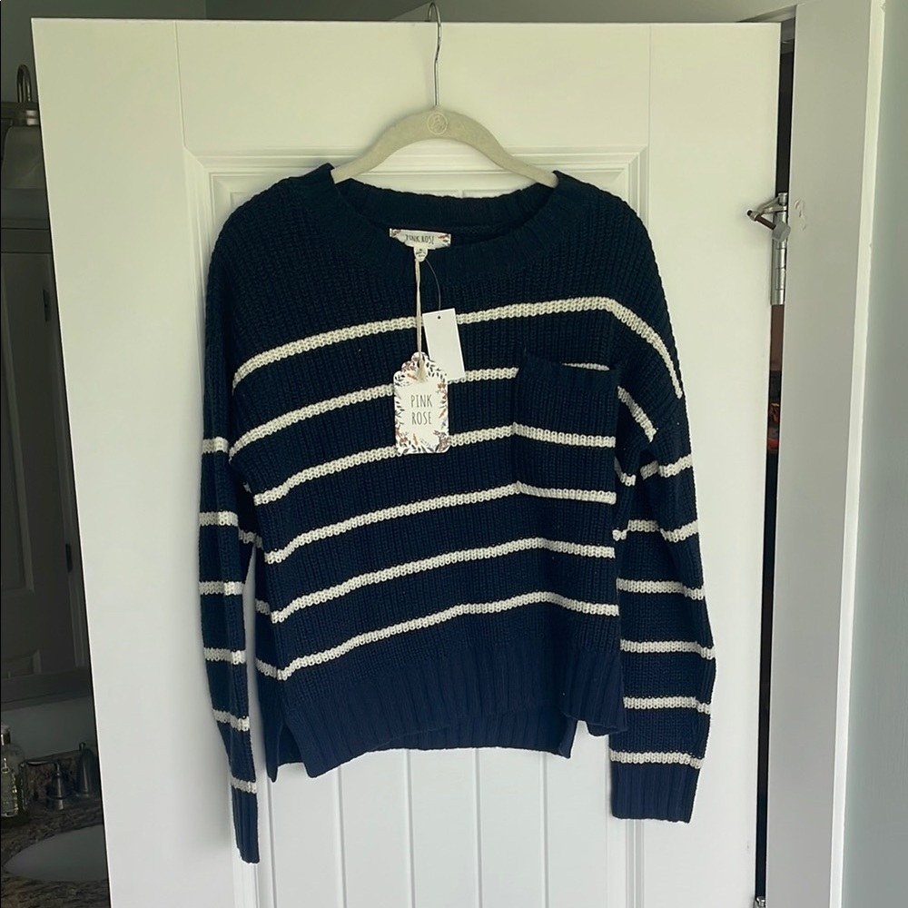 Pink Rose Navy & White Striped Crewneck Sweater